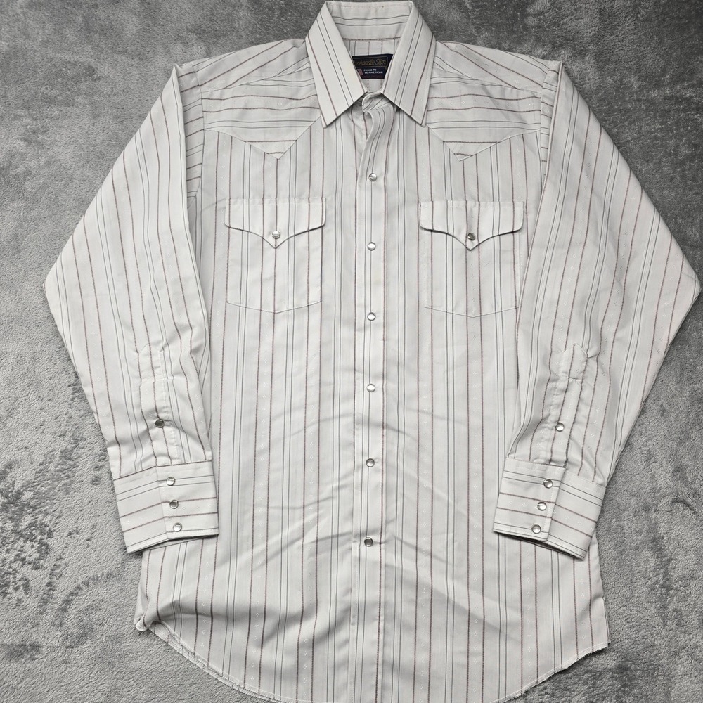 Vintage Panhandle Slim Mens Western Shirt L White Striped Pearl Snap Made USA
